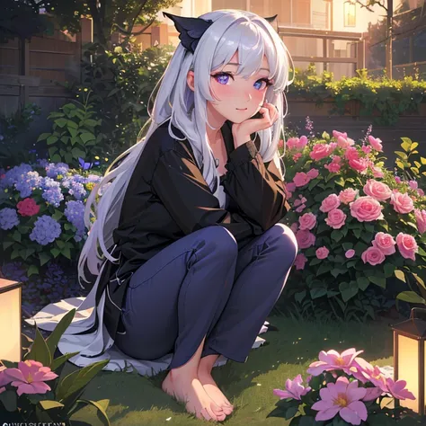 (best quality,4k,8k,highres,masterpiece:1.2),ultra-detailed,(realistic,photorealistic,photo-realistic:1.37),illustration,soft lighting,a girl with white hair,deep purple eyes,glowing eyes,sitting down,barefoot,face blushing,in a garden at night,flowers.