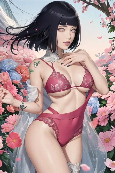 obra de arte, absurdos, Hinata Hyuga(boruto), 1 garota, Sozinho,mulher madura, no situde, calcinha a mostra, olhando para o espectador, (falling petals), perfect composition, detalhado lips, peito grande, rosto bonito, peitos de fora, exibindo os peitos, b...