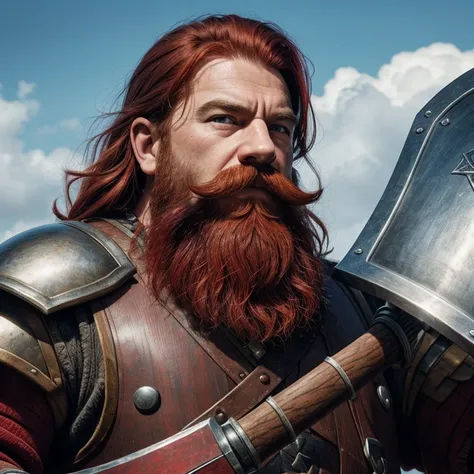 masterpiece, dwarf, male, solo, warrior, platemail, iron armor, red hair, red beard, red mustache, portrait, looking away, prime...