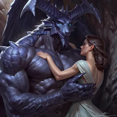 (duo), male bahamut and female human, by taran fiddler, [by null-ghost],  detailed beautiful eyes, romantic, detailed hands, cave, hugging, protective male, muscular male, female in dress