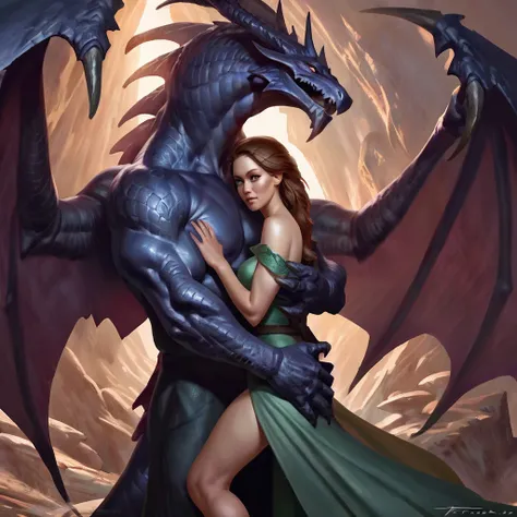 (duo), male bahamut and female human, by taran fiddler, [by null-ghost],  detailed beautiful eyes, romantic, detailed hands, cave, hugging, protective male looking at viewer, female in dress, wings on back