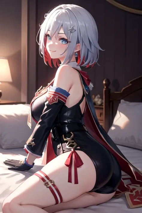 1girl, topaz (honkai: star rail), solo, black gloves, thigh strap, hair ornament, unitard, detached sleeves, badge, side cape, belt, cowboy shot, bedroom, depth of field, sitting on side of the bed, reclining, arm support,  gasping, ecstasy, seductive smil...