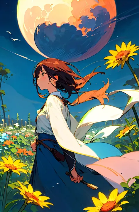 top-quality、high_resolution、distinct_image、Detailed background、girl with、a moon、garden、the wind 、Dreams