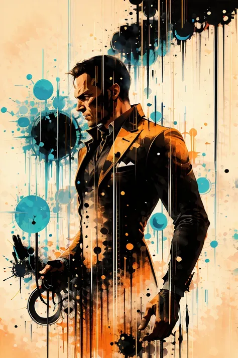 Silhouette of a posed James Bond:dynamic pose:profile,Ink splash,Bold colors,dynamically,colorful,An abstract painting that looks like a person if you look closely,works of art,mysterious,design