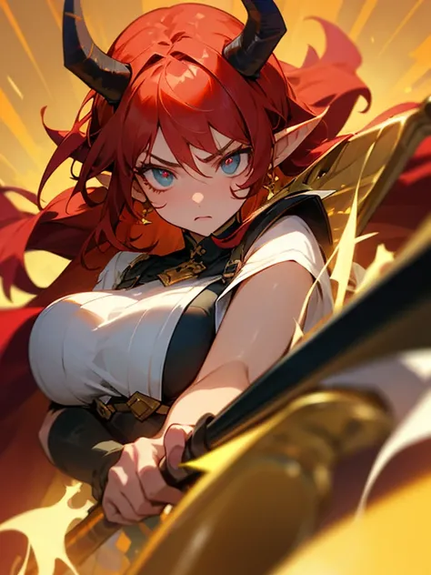 Masterpiece, best quality, expressive eyes, perfect face, 1girl, club (weapon), solo, breasts, golden horns, red hair, weapon, pointy ears 