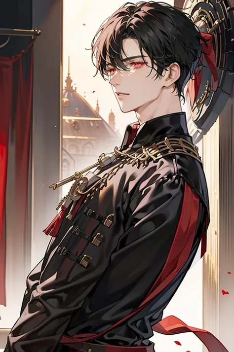 1 male, adult face, short messy black hair with bangs, handsome, blood red eyes, detailed eyes, tall and lean body, condescendin...