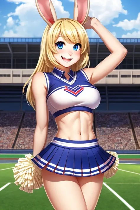 rabbit girl High school student ,solo, female, blonde hair, blue eyes, smiling, big breasts, slim, small waist, small hips, American high school, cheerleader top, pleated skirt, hands behind back, happy, looking at viewer, high quality