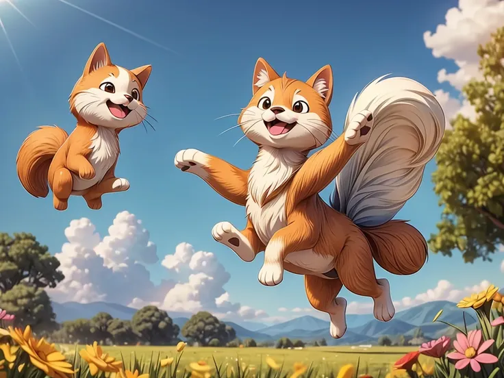 flying shiba inu, fluffy clouds, vibrant blue sky, joyful expression, playful attitude, cute and adorable, soft and furry, magic...