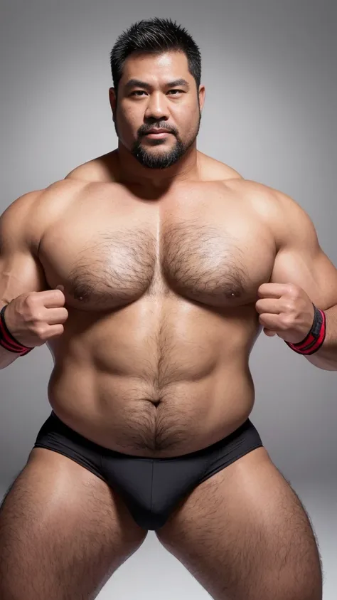 black hair, middle-aged man, individual, male, Muscular wrestler, muscular, Stout wrestler, Asian, Japanese, uncle, 55 year old middle-aged man, short hair, short hair, red wrestling boots, full body portrait, shadow, Vision, red briefs, obesity, 45 years ...