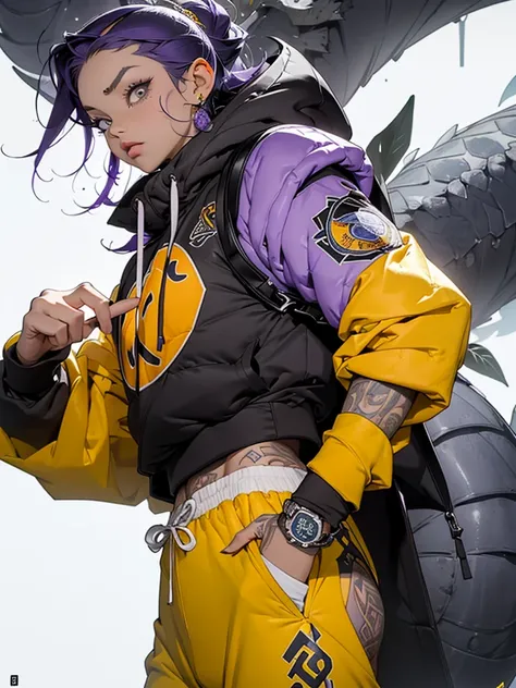 roxo: 1.5, laranja: 1.1, Branco: 1.3, amarelo: 1.3, (garota rapper com cabelo pavor), tatuagens, (roupas puffer do poder: 1.2), flor, folhas, mistborn, linhas, background circles, purple clothing.