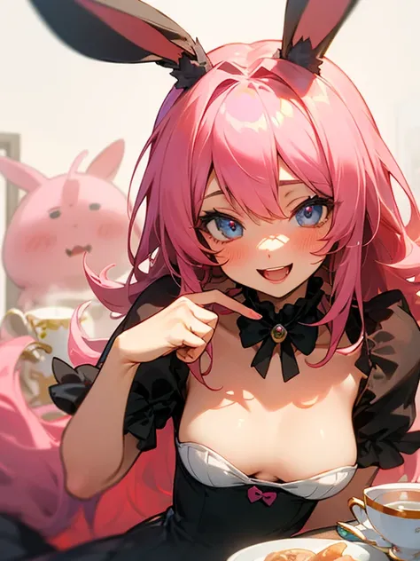 Masterpiece, best quality, expressive eyes, perfect face, 1girl, rabbit ears, solo, animal ears, blush, rabbit costume, breasts, monster girl, cup, teacup, looking at viewer, smile, open mouth, pink hair, tea, fluffy 