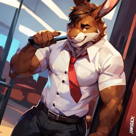 Hare, anthro, (solo) in social white shirt, red tie, black pants, social, belt, black belt, By mystikfox61