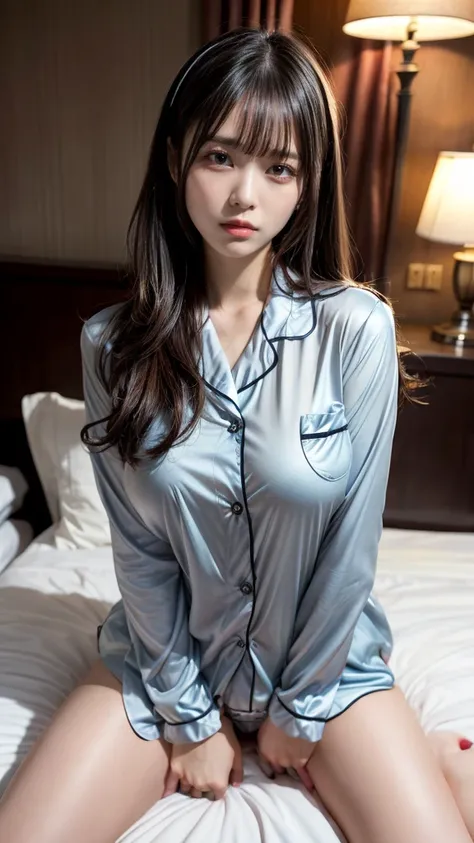 muste piece, best quality, illustration, Super detailed, fine details, High resolution, 8K,wall paper, perfect dynamic composition,(Details High quality, realistic depiction of eyes:1.3), (Fashionable, Button-up pajama shirt), straight hair, large breasts,...