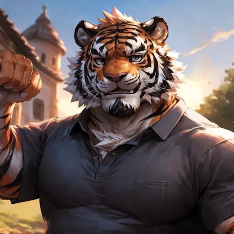 human nature, cannon, male, solitary, ((Round Face, Very plump face, thick beard)), ((endomorph body type, Handsome)), (shirt), ((domestic tiger, tiger) Fluffy fur, Fluffy), (In the countryside), Tourist guide，high quality，Bokeh, (high quality, high resolu...