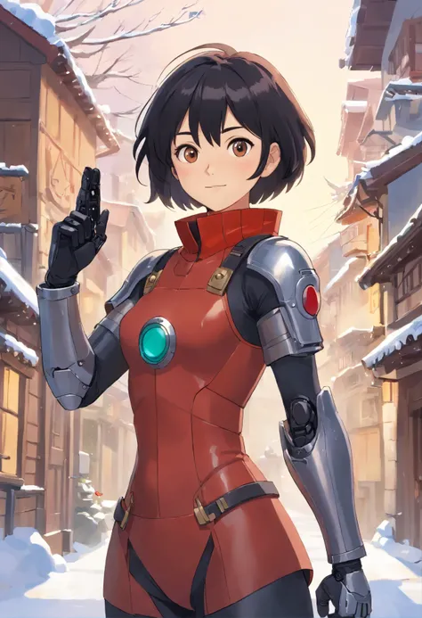 (masterpiece:1.3), (absurdres:1.3), (best quality:1.3), (ultra-detailed:1.3), 1girl, Short hair, black hair, medium breasts, left electric eye, single mechanical arm, Winter Soldier arm, looking at viewer, full-body shot, smile, outdoors, shows completely ...