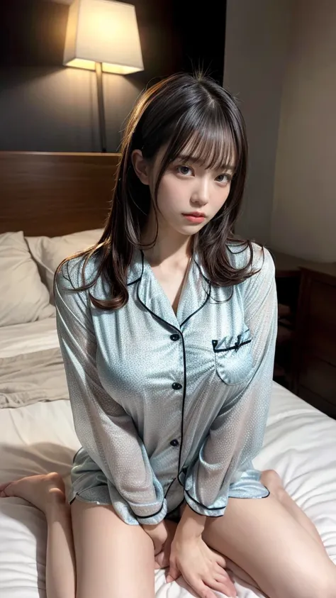 muste piece, best quality, illustration, Super detailed, fine details, High resolution, 8K,wall paper, perfect dynamic composition,(Details High quality, realistic depiction of eyes:1.3), (Fashionable, Button-up pajama shirt), straight hair, large breasts,...