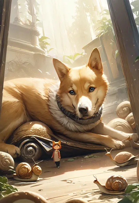 (best quality, highres:1.2), ultra-detailed, realistic:1.37, wide-angle shot, facing the camera, Beautiful Shiba Inu resting on its front legs, sniffing a snail, anime:1.2, stunning high-resolution and sharp illustration