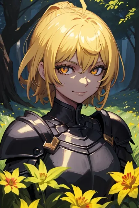 ((Masterpiece: 1.2, Best quality)),(Tough knight, Short black hair, Golden eyes, scar across right eye, Black armor), fantasy, forest, Blooming flowers, Sunlight, Fantastic light and shadow, landscape, Highly detailed face, Portrait, Smile