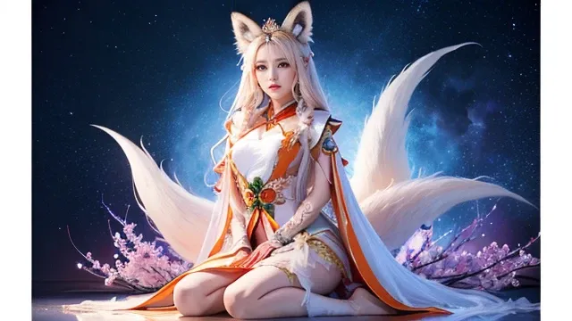 The fox queen sits in front of a nine-tailed fox､(absurdly ,high quality , Super detailed,(See photographer ),(fox god,nine-tailed fox) ,beautiful long white hair，Costumes with detailed, beautiful and colorful patterns