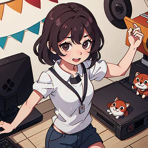 A cute PC instructor is dancing with a red panda while holding a computer