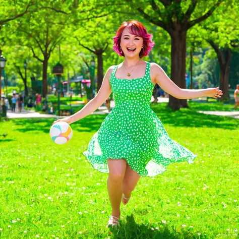 (best quality, highres, ultra-detailed, realistic:1.37), Milana Vayntrub, age 30, brightly colored hair, translucent summer dress, playful expression, stunning smile, vibrant eyes, gentle touch, perfectly styled hair, a charming aura, Shiba Inu, joyful and...