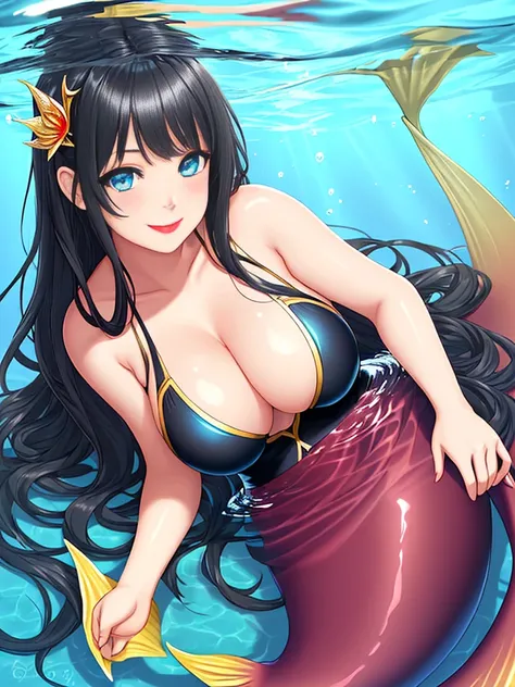 1girl, dark girl, mermaid, long hair, black hair, blue eyes, red lips, pink eyeshadow, smile, blush, happy face, full body, large breasts, mature female, underwater, yellow mermaid tail,