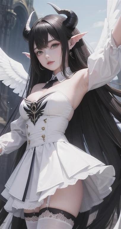 Arad woman wears a white and black dress with horns and wings., The villain has black angel wings and straight legs, Angela White, Cosplay, tight succubus skirt, overlord albedo, (High quality 8K art). Super Wide Angel, amulet, Complete RPG, Anime Girl RPG...