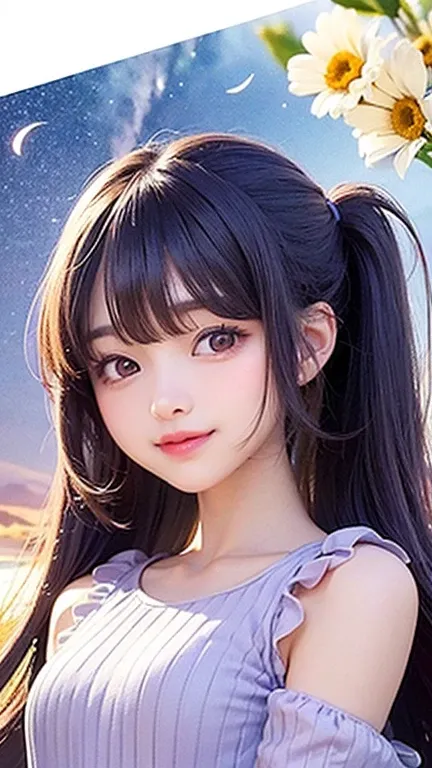 (highest quality, masterpiece), One girl, Twin tails、Pause, particle, Wind, flower, Upper Body, Simple Background, View your viewers, , Milky Way,smile、（Purple Long Hair）、cute、Twin taililky way、Crescent Moon