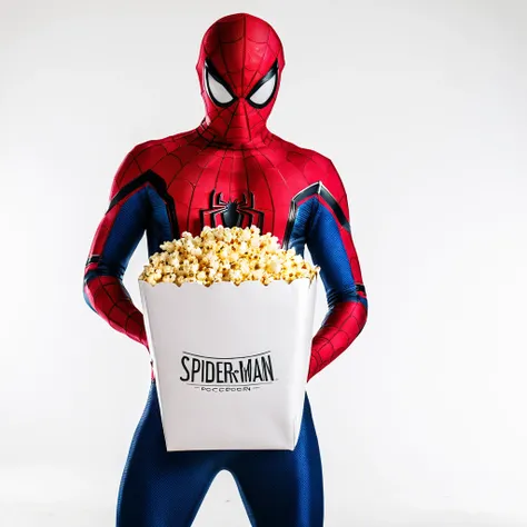 (best quality,highres),a  dressed as Spider-Man,imposing pose,infinite white backdrop,vibrant lighting,holding a package of popcorn