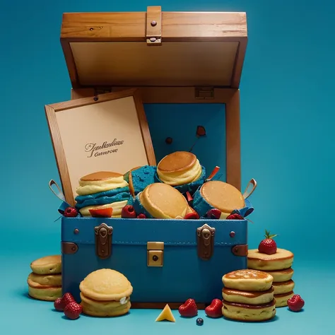 Cartoon style image with a striking blue background with flashes of an open treasure chest with frappe inside ,hot cakes y fruta