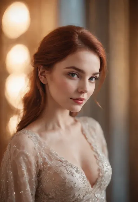 foto profissional de corpo inteiro, alto detalhe, pele realista. As the camera pans around the room, the magical bokeh of the lights creates a dreamlike atmosphere. No centro da sala, there is a 20 year old goddess with straight red hair, boca grande, fles...