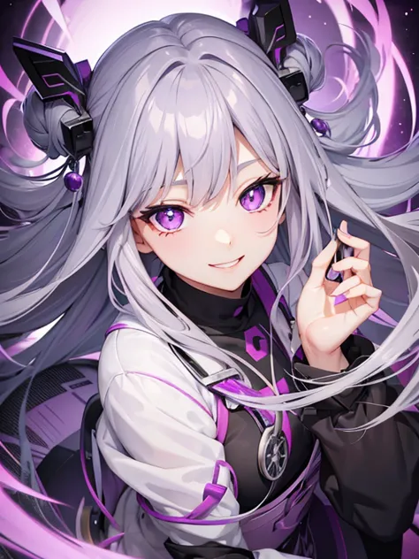 grey hair, long hair, purple pupils, purple eyes, hair pin, japan musume, anime 2.5 style, masterpiece, high details, 4/5 body, smile, doctor, sexy