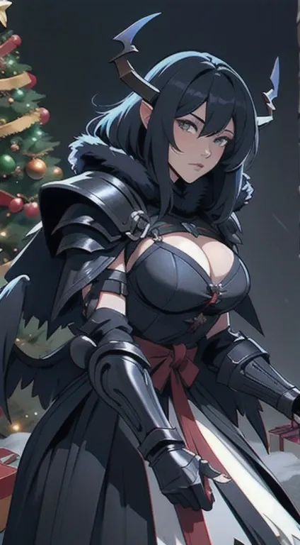 Archfiend Miravelle, obsidian horns and wings, playgame, Large display, winter armor, Christmas day, christmas tree and presents, SFW