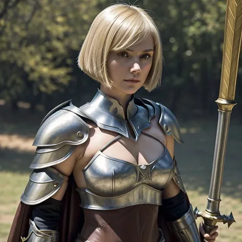 pointy ears, masterpiece, 1girl, solo, blond hair, bob cut, iron breastplate, iron helmet, holding mace,  cleavage, pelvic curtain,  ((portrait)), looking away, bare shoulder, bikini armor, shoulder armor, cape,