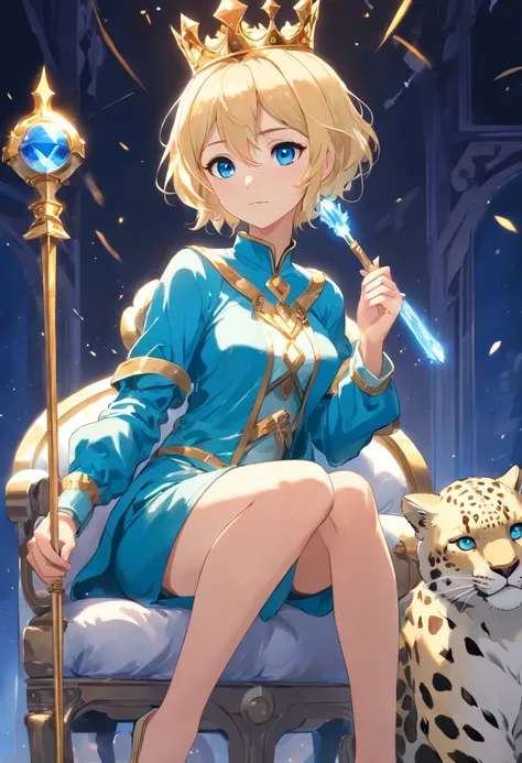 17 years old Women, ((Blonde)), ((Blue eyes)), ((Short hair)), ((Full Body)), using a coronation queen snow leopard suite, with orb scepter and crown, Sitting on the throne