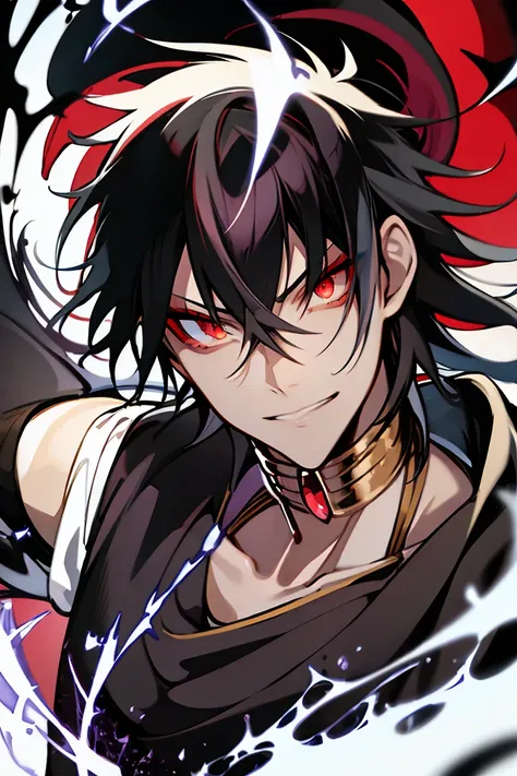 absurdres, highres, ultra detailed, HDR, master piece, best quality, perfect face, beautiful eyes, Judar, Magi, black hair, expressive red eyes, solo, man, handsome