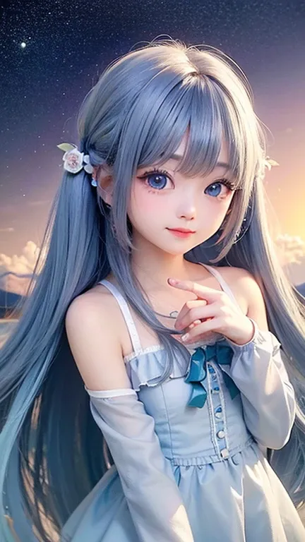 (highest quality, masterpiece), One girl, Twin tails、Pause, particle, Wind, flower, Upper Body, Simple Background, View your viewers, , Milky Way,smile、Turquoise eyes、（Silver Long Hair）、cute、Twin taililky way、Crescent Moon