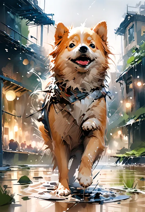 (a shiba inu:1.1 jumping over water puddles:1.25), messy, wet and muddy, funny playful scene, [a watercolor painting style], sof...