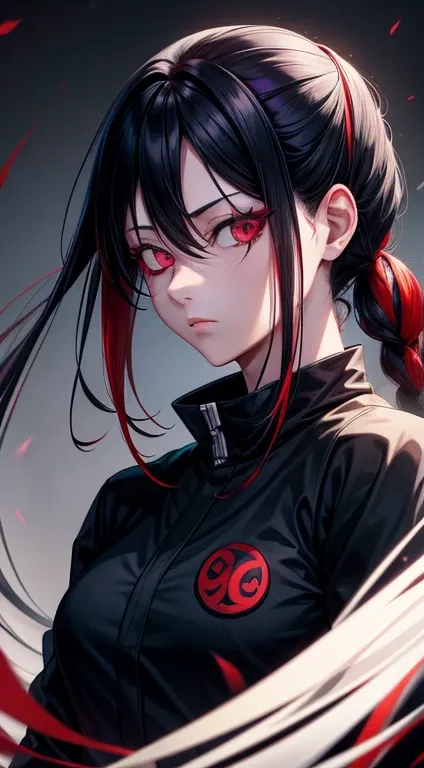 jujutsu kaisen chica, long black hair just below the shoulder with red highlights, ojos arcoiris, uniforme de jujutsu kaisen falda