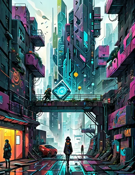 "generate a digital illustration that blends surrealistic elements with futuristic aesthetics, focusing on dystopian urban lands...