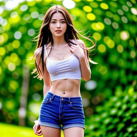 Best picture quality, Masterpiece, Ultra high resolution 8K, photo, 1 Asian girl gets a beauty makeover, Her long hair fluttered in the wind. The sun shines on your beauty., Her realistic face and six-pack abs really stood out.. very big breasts, Outstandi...