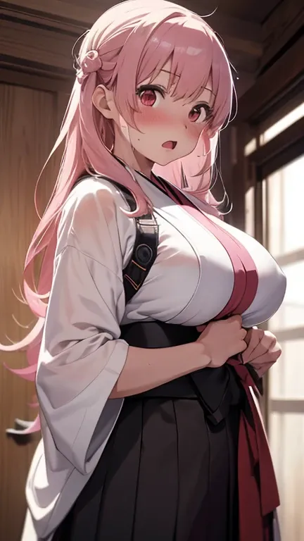 mastute piece,Best Quality,insanely detailed,8k cg,
shoot upper body,
1woman,18age,standing,body in front,looking at viewer,(kendo uniform,white dogi,hakama),break,
blush,shy,(trembling:1.2),pink hair,break,open mouth,large breast,kendojo,