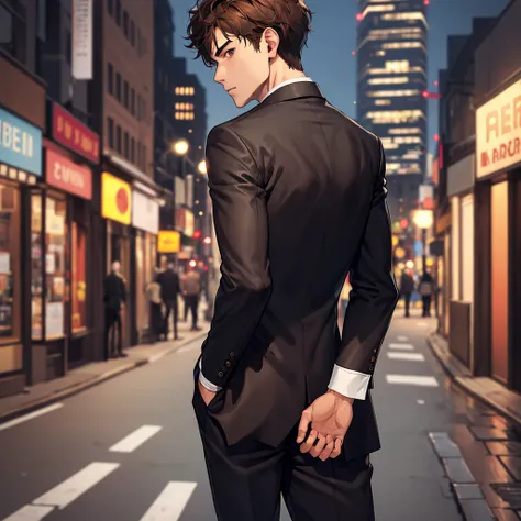 1boy, short brown hair, brown, all black suit, city, absurdres, high res, ultrasharp, 8K, masterpiece, looking at viewer from behind