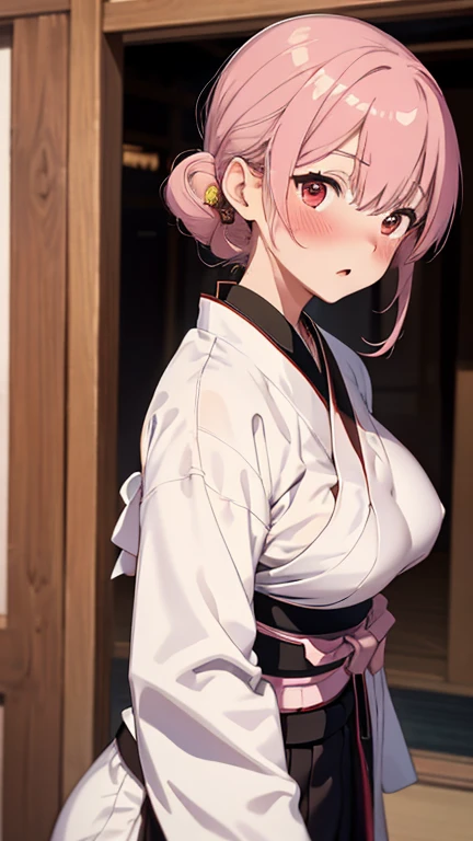 mastute piece,Best Quality,insanely detailed,8k cg,
shoot upper body,
1woman,18age,standing,body in front,looking at viewer,(kyudo uniform,white dogi,hakama),break,
blush,shy,(trembling:1.2),pink hair,break,open mouth,large breast,kyudojo,