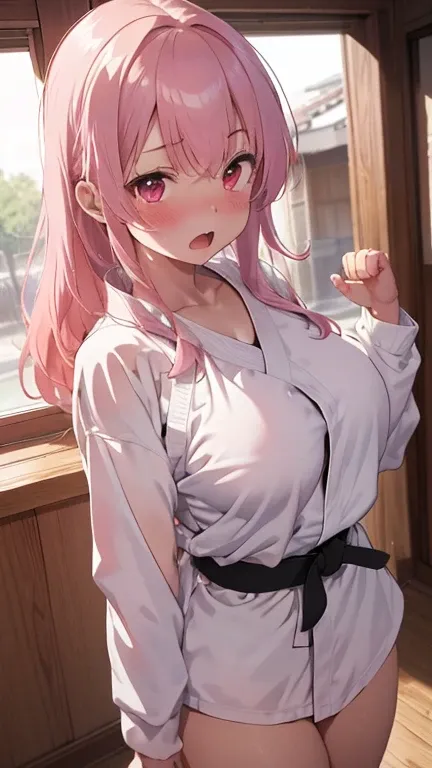 mastute piece,Best Quality,insanely detailed,8k cg,
shoot upper body,
1woman,18age,standing,body in front,looking at viewer,(karate uniform,white-dogi),break,
blush,shy,(trembling:1.2),pink hair,break,open mouth,large breast,karate-dojo,