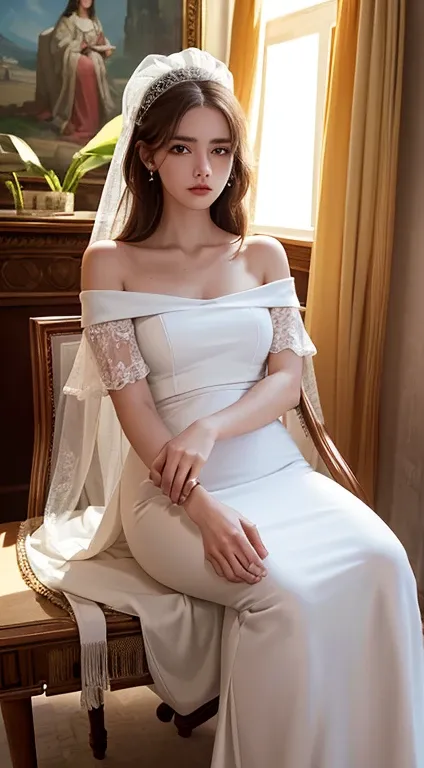 best quality, masterpiece, Ultra-high resolution, (Reality:1.4), original photo, 1 Girl, White evening dress, Off-shoulder,glowing skin in palace, A faint smile,