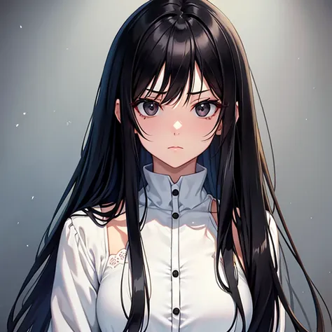 anime white woman / long straight black hair / black eyes / serious