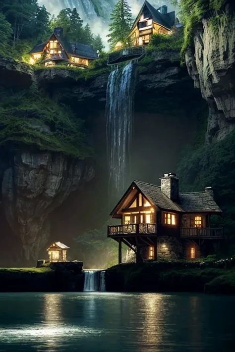 arafed house on a cliff overlooking a river with a waterfall, lake house, beatiful house, fantasy setting, beautiful place, build in a forest near of a lake, beautiful and mysterious, fantasy house, cozy place, setting in nature, fairy tale place, located ...