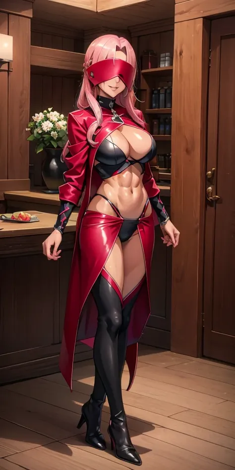 (masterpiece, HI quality: 1.1) 1girl full body standing good face, nice ass, hairstyle: braid, Color Hair: PINK long hair, Blindfolded: NO EYES, Skin: White (porcelain skin, sparkly skin), muscular, thighs, Mature woman, Abs, looks at the viewer smiling, e...