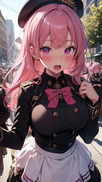 mastute piece,Best Quality,insanely detailed,8k cg,
shoot upper body,
1woman,18age,standing,body in front,looking at viewer,(marching-band,westpoint-hat),break,
blush,shy,(trembling:1.2),pink hair,break,open mouth,large breast,city,